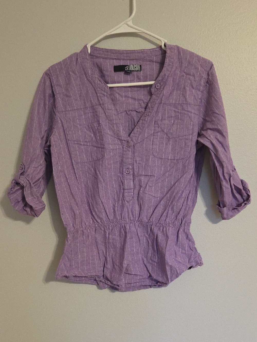 Volcom Lavender With White Pin Stripes Button-Up Peplum Blouse